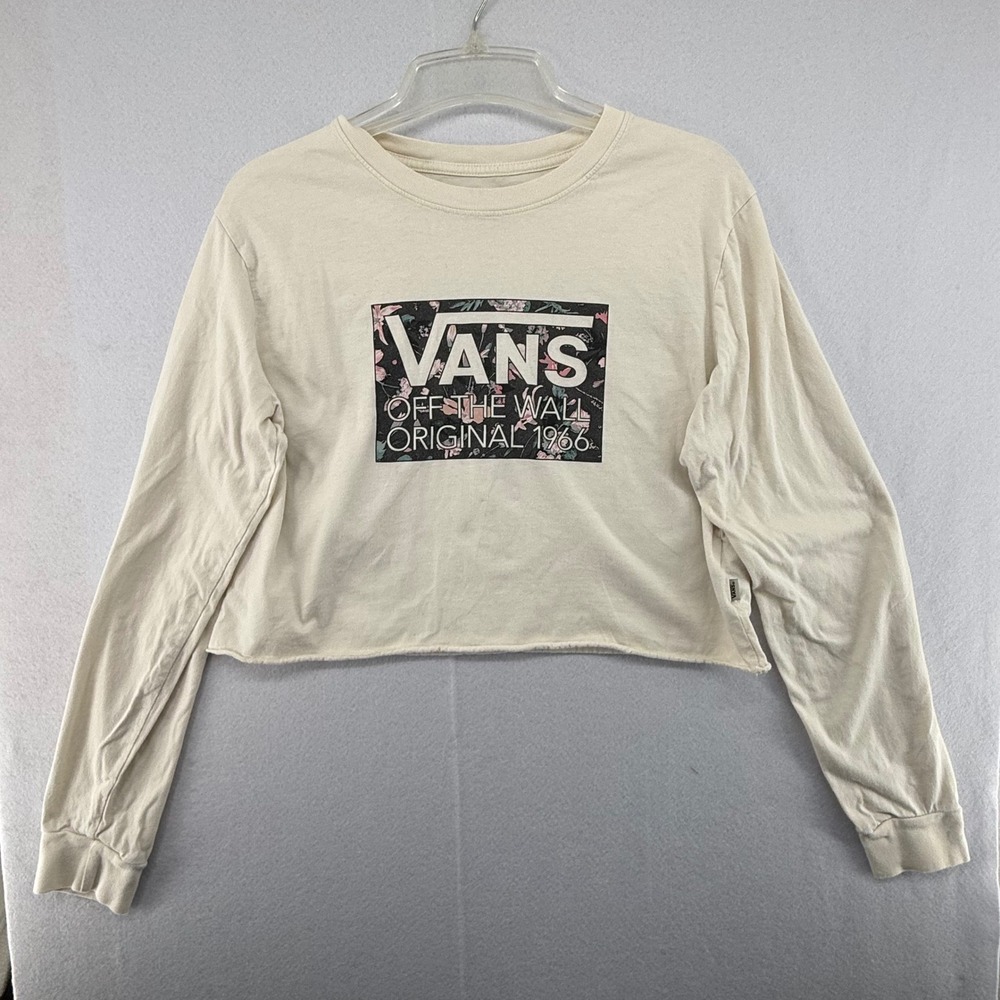 Vans Off The Wall‎ Floral Graphic Long Sleeve Crop Top Cream Womens Large Skater